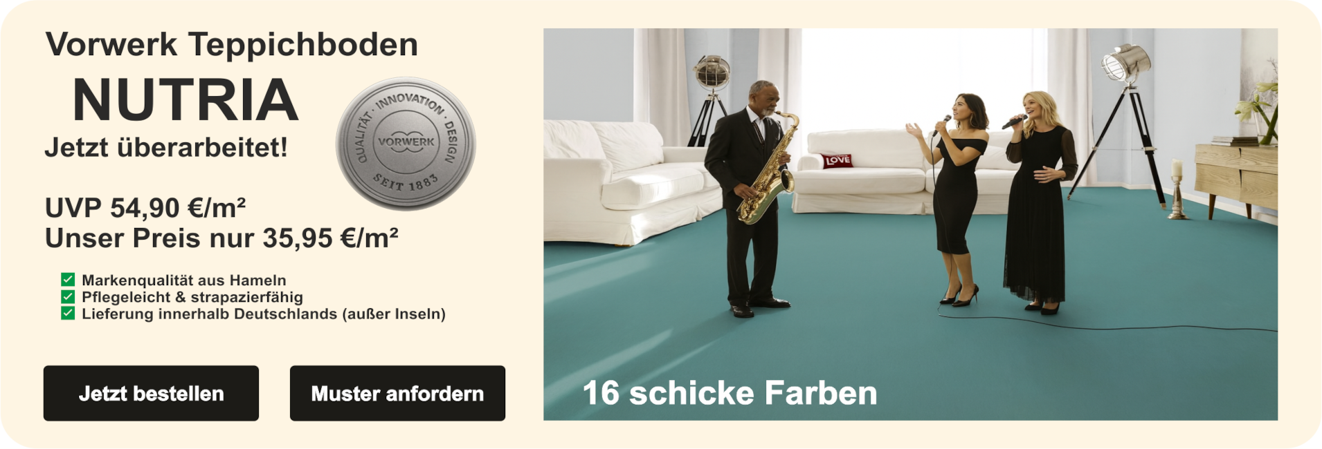 Kategoriebild für Teppichboden Nutria Melange 1N95; gleichmäßige Velours-Oberfläche mit weißer Schrift „Nutria Melange Teppichboden“ im Querformat